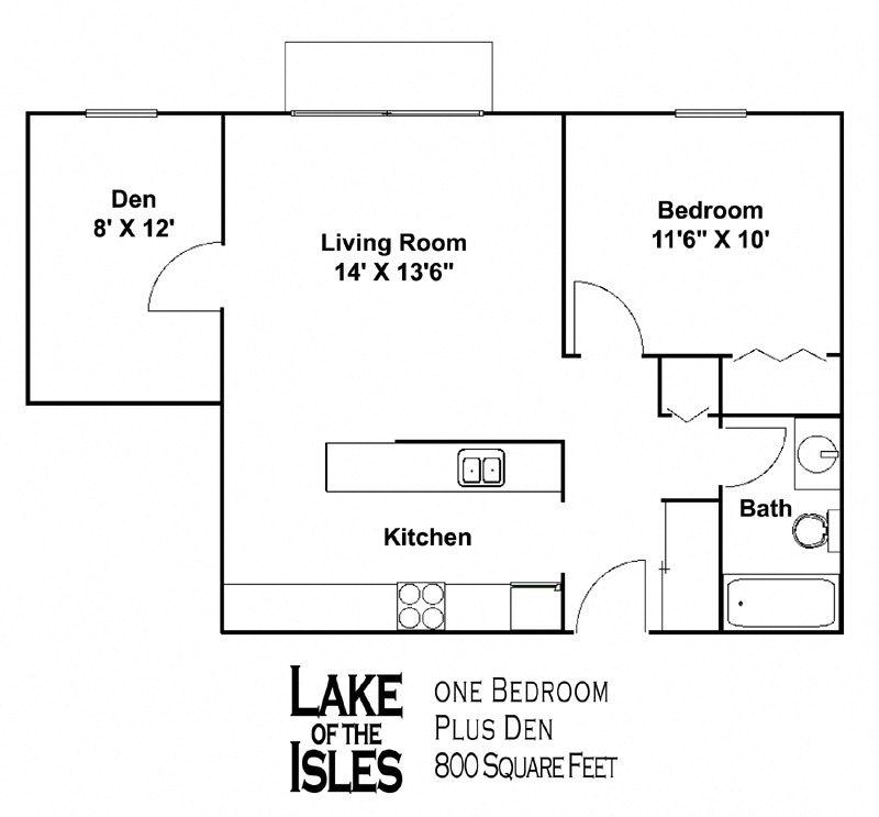 Floor plan for 1 bed, 1 bath, 800 sqft